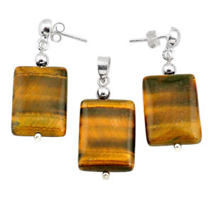 Memorial Day Sale 42.25cts Natural Brown Tiger's Eye Pendant Earrings Set C27259