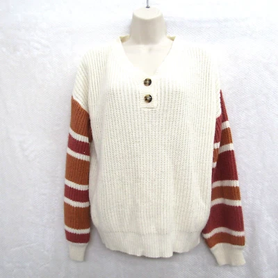 Mujer Blanco Sudadera Medium Manga Larga Cuello en V Pullover Suéter Informal Preppy Foto 1 de 4