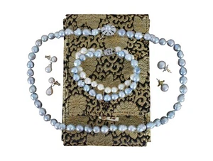 Sterling Silver Blue & White Baroque Cultured Pearl Necklace Bracelet Earrings - Picture 1 of 12