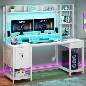 59" Gaming Desk with LED Lights and Hutch Computer Desk with Power Outlets White - Picture 1 of 12