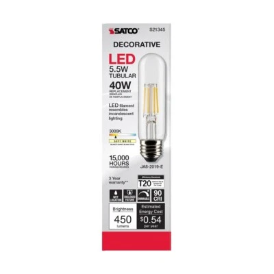 2 Pack Satco S21345 5.5W Vintage Edison Dimmable LED Bulb 450L 3000K Clear Bulbs - Image 1 of 3