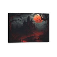 Spooky Blood Moon Castle Canvas 24"x36" Framed Wall Art Home Decor