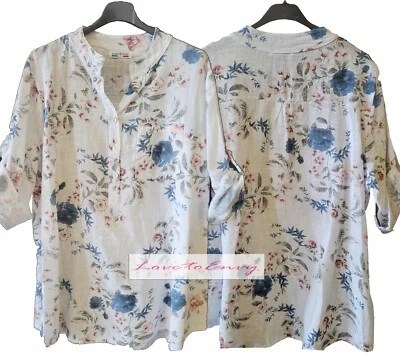 MADE IN ITALY Blusa con estampado floral 100 % algodón tela de queso ITALIANA cuello abuelo top para damas