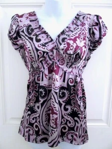 INC International Concepts Silk Top Sz 4 Purple Black Gray Burgundy Short Sleeve - Picture 1 of 5