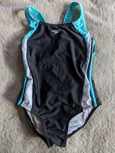 SPEEDO One Piece Swimsuit Girls Youth 10 Blue Black White - Picture 1 of 5