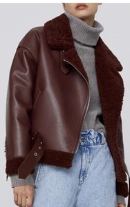 Zara Women XS Maroon Burgundy, Red Faux leather Sherpa motorcycle jacket - Picture 1 of 12