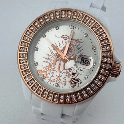 ED Hardy Quartz Watch Unisex 30m White Plastic Rhinestone Date Analog New Batter - Image 1 of 4