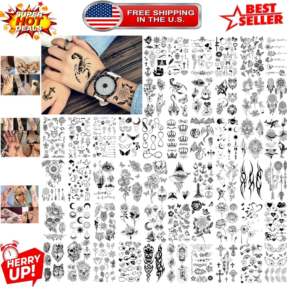 Fanrui 52 Sheets Creative Black Tiny Crown Infinity Triangle Fake Tattoos For...
