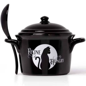 Feline Hungry Lidded Bowl with Spoon, Gothic, Black Cat, Gift, Alchemy England - Picture 1 of 8