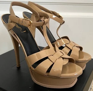 Saint Laurent YSL Tribute Darker Nude Patent Platform Sandal Pumps Sz 38.5 $1150 - Picture 1 of 20