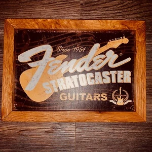 Fender Stratocaster Metal Sign Framed White Oak 10"x14"x1" Clear Coated Handmade - Picture 1 of 2