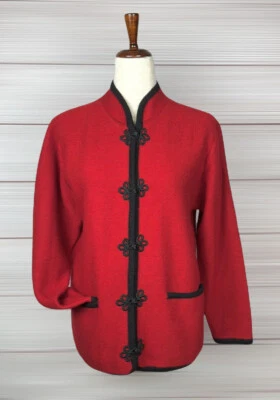 水晶神户羊毛针织开衫中国风格红色黑色装饰夹克口袋 — 第 1/4 张图片