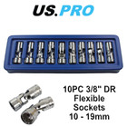 US PRO Tools 10pc 3/8dr Flexi Flexible Universal Sockets Set Metric 1693