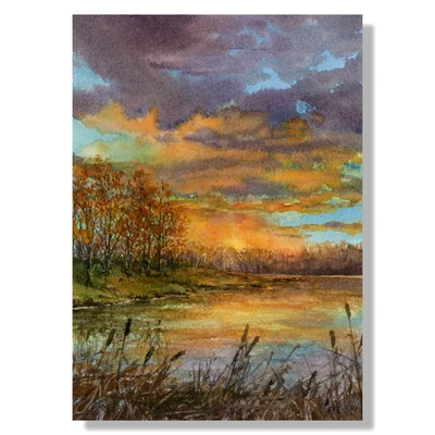 Acuarela Original por LINDA HENRY - Puesta de sol de otoño en el lago - ¡Estera Gratis! Foto 1 de 4