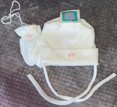 De Colección Años 90 Little Me Bebé Infante Sombrero y Mitones Conjunto O/S Blanco Terciopelo Algodón Roseta Foto 1 de 4