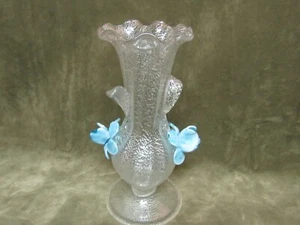 Vintage Murano Italy Silver Fleck Blue Flower Italian Art Glass Hand Blow Vase - Picture 1 of 5