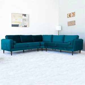 Hudson Mid-Century Modern L-Shaped Pillow Back Velvet Corner Sofa in Teal - Picture 1 of 6
