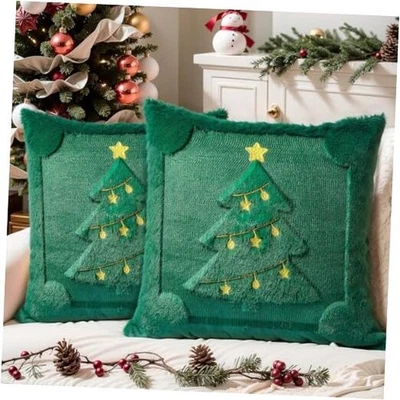 Christmas Tree Pillow Covers 18x18 18" x 18" (Pack of 2) Green Embroidered Tree - Image 1 of 4