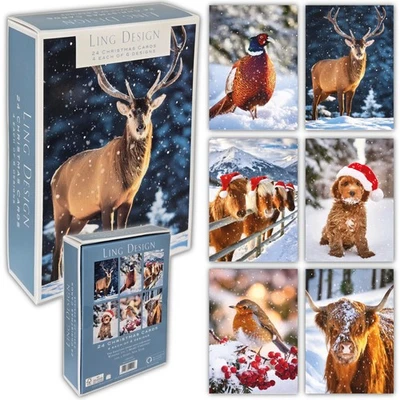 LING DESIGN Winter Animals Box of 24 Assorted Christmas & New Year Cards 4 Each of 6 Designs