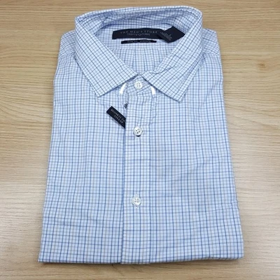 BLOOMINGDALES Shirt Mens Large Blue Tan Grid Check Slim Fit Stretch Workwear Foto 1 de 3