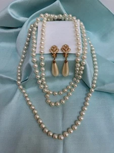 Vintage 2 Faux Necklace Teardrop Pearl & Rhinestone Dangle Drop Pierced Earrings - Picture 1 of 10