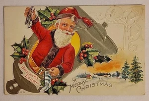 CHRISTMAS Embossed Postcard SANTA CLAUS with Ice Skates "BROTHER'S DELIGHT" - Foto 1 di 2