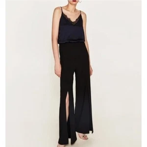 ZARA Basic Black Blue Sleeveless Lace V-Neckline Wide Split Leg Jumpsuit Size XS - Picture 1 of 10