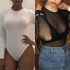 Womens Sexy Bodysuit See Through Bodycon Jumpsuit Long Sleeve Mesh Sheer Rompers