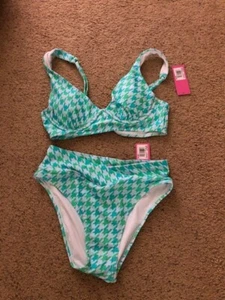 Neu mit Etikett ~ Bikini Hahnentritt blau & grün mit Bügel-BH & hoch geschnittenem Slip (klein) - Bild 1 von 1
