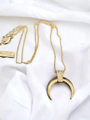 Necklace Horn 1/2 Moon Rhinestone 18” Chain Lobster Clasp Gold Tone - Image 1 of 4