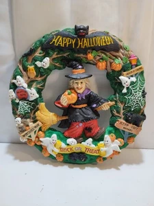 Vtg Jaimy Halloween Wreath Witch Ghosts Pumpkins Black Cats Owl Bat 12.5” Resin - Picture 1 of 19