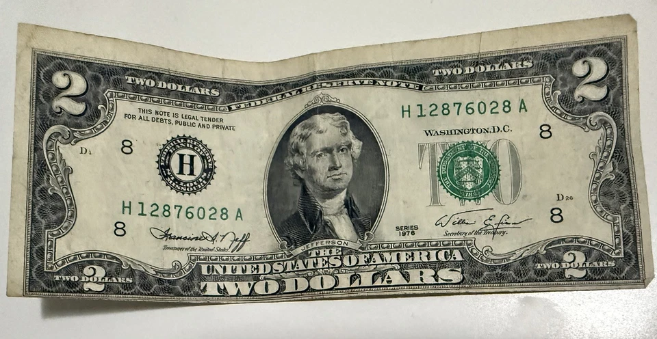1976 $2 Dollar Bill Error (Miscut/Misaligned) H12876028A  A Rare-Front & Back - Image 1 of 3