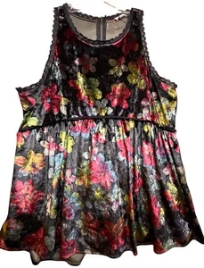 Pol Floral Babydoll Blouse Womens L Black Colorful Velvet Sleeveless Peplum Hem - Picture 1 of 24