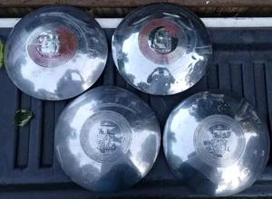 Vintage Plymouth Sailing Ship Dog Dish Hubcap 10" Mayflower Graphic Set of Four - Picture 1 of 12
