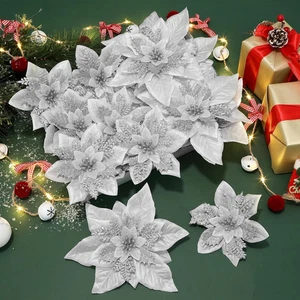 24 Pieces Artificial Christmas Flowers Decorations Poinsettia Christmas Glitter - Picture 1 of 19