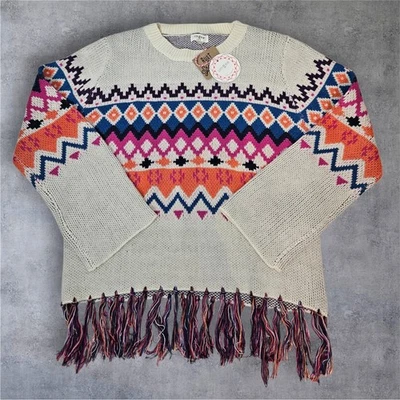 Suéter Umgee Geométrico Isla Justa Tejido Flecos Crema Grande Boho Occidental Nuevo con Etiquetas D40 Foto 1 de 4