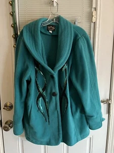 Bob Mackie Fleece Jacket Wearable Art Green Sequin Button Collar Sz XL EUC - Picture 1 of 7