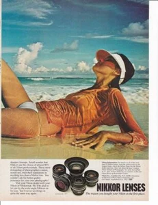 1977 Nikon Nikkor Lens 2 page Print-Ad /Pretty Woman Bikini Wet Shirt - Picture 1 of 1