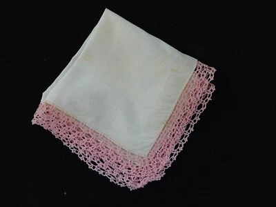 Vintage White Cotton Hankie w/ Wide Pink Crochet Trim  H190 - Image 1 of 4