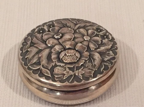 Antique Sterling Silver Round Pill or Snuff Box with Repousse Flowers 1.5" diam Cover