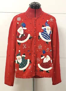 Designers Studio Red Ugly Christmas Sweater Cardigan Size Medium Santa Claus - Picture 1 of 10
