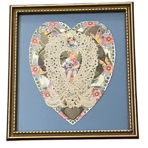 Custom Framed Heart-Shaped Vintage Valentine Paper Lace and Floral Accents - Picture 1 of 7