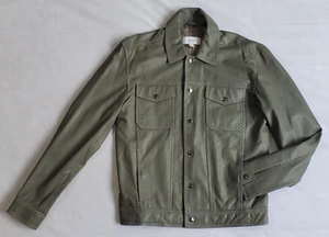 NWOT REISS GISBORNE LEATHER PRESS STUD TRUCKER  GREEN OLIVE JACKET MEN'S SIZE SM - Picture 1 of 19