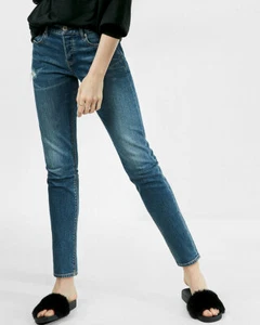 EXPRESS mid rise original vintage skinny jeans blue faded distructed Size 12 NWT - Picture 1 of 12