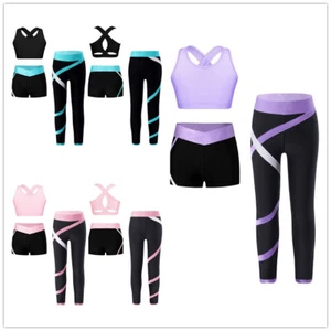 Kids Girls Sportswear Yoga Crop Top With Shorts And Pants Stage Sets Swimwear - Picture 1 of 26
