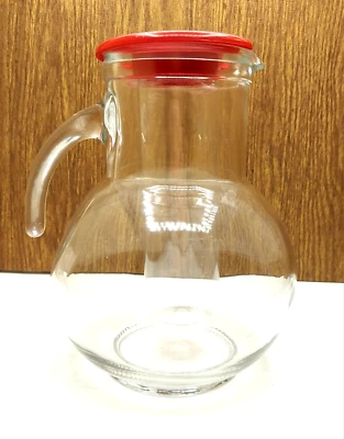Vtg Bormioli Rocco Kufra Jug Pitcher Red Lid W/ Ice Chamber 2 Quarts 8.5" Tall - Image 1 of 4