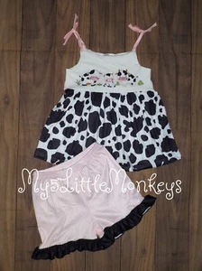 NEW Boutique Cow Print Tunic Dress & Ruffle Shorts Girls Farm Outfit Set - Picture 1 of 3