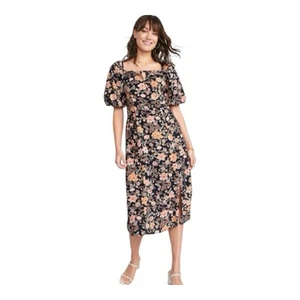 Old Navy Puff-Sleeve Floral-Print Pintucked Smocked Midi Swing Dress Size Medium - Picture 1 of 8