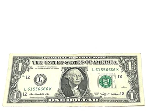 U.S. 2009, $1.00 FEDERAL RESERVE NOTE Extra Fine S/N L 61556666 K (#522) Unique# - Picture 1 of 2