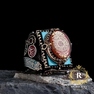 Seal of King Solomon,Red Amber Oval Stone,Tawhid Written,925 Silver Men's Ring - Picture 1 of 16